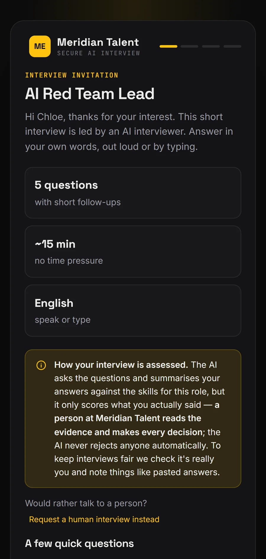 The candidate's first screen on a phone, explaining how the interview is assessed and offering a human interview instead