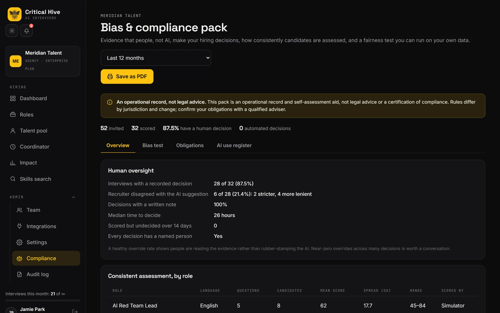 The compliance pack showing human-oversight evidence