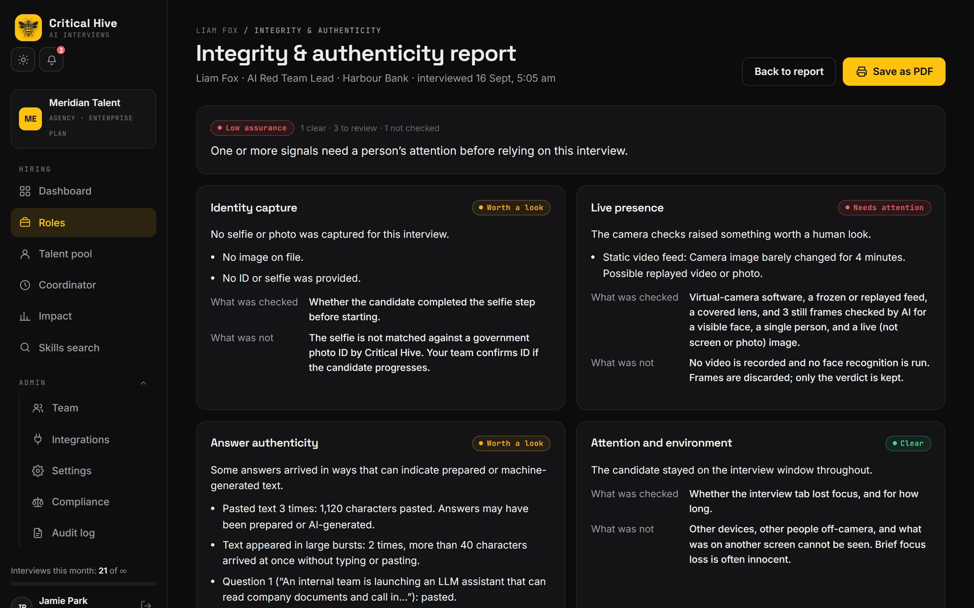 The integrity and authenticity report with five checks and an assurance level