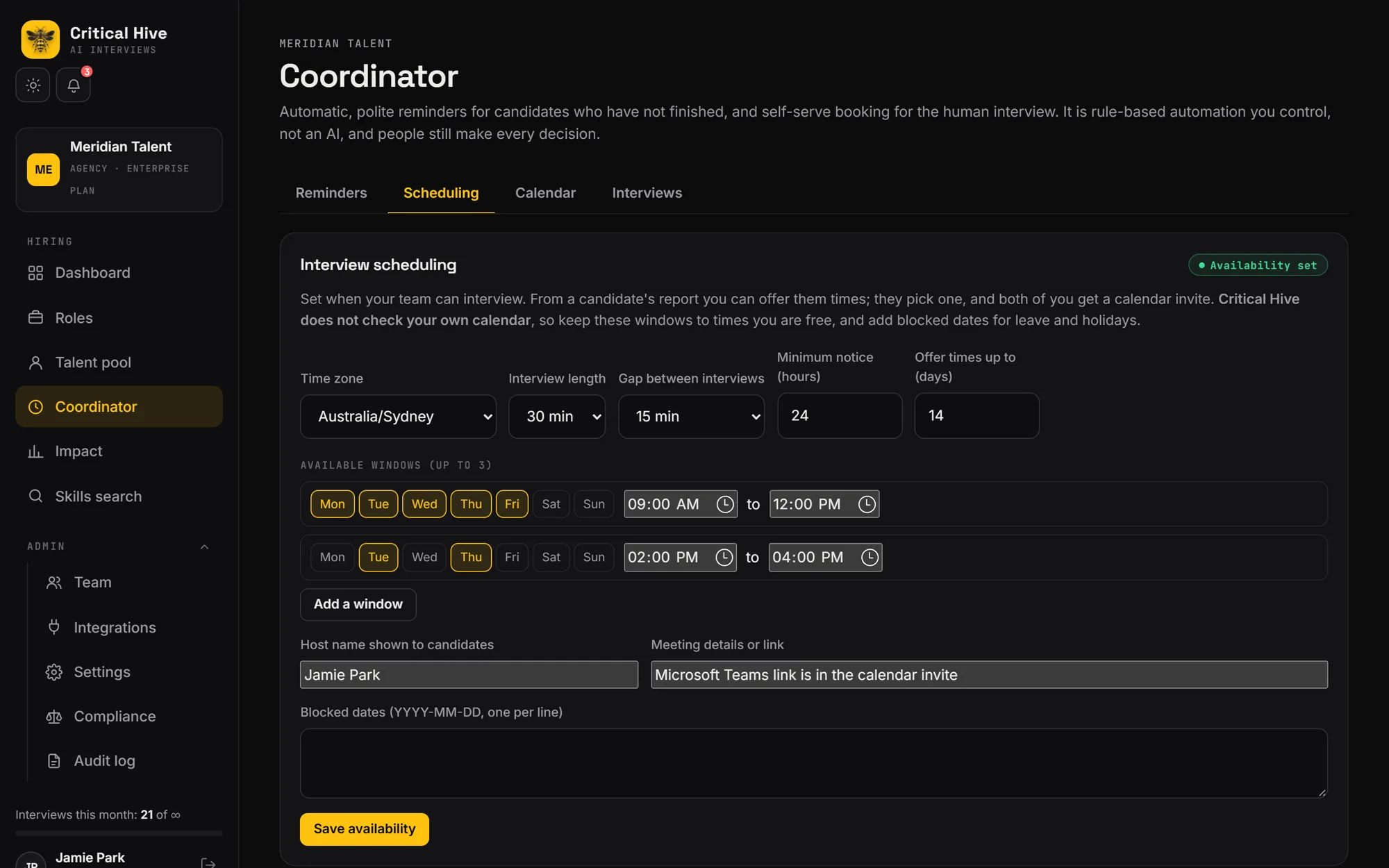 Interview scheduling availability settings in the Coordinator