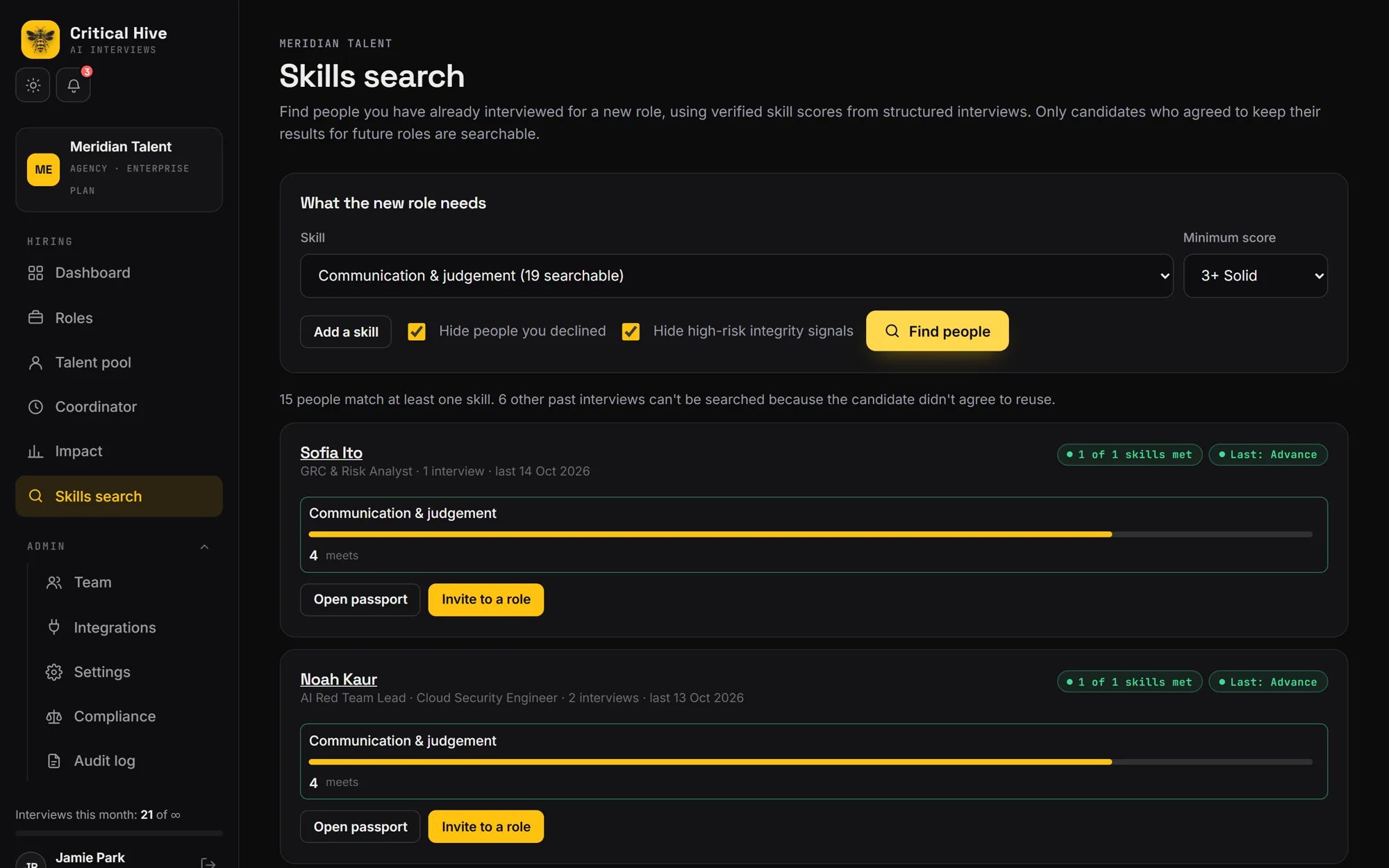 Skills search results ranking past candidates against the skills a new role needs