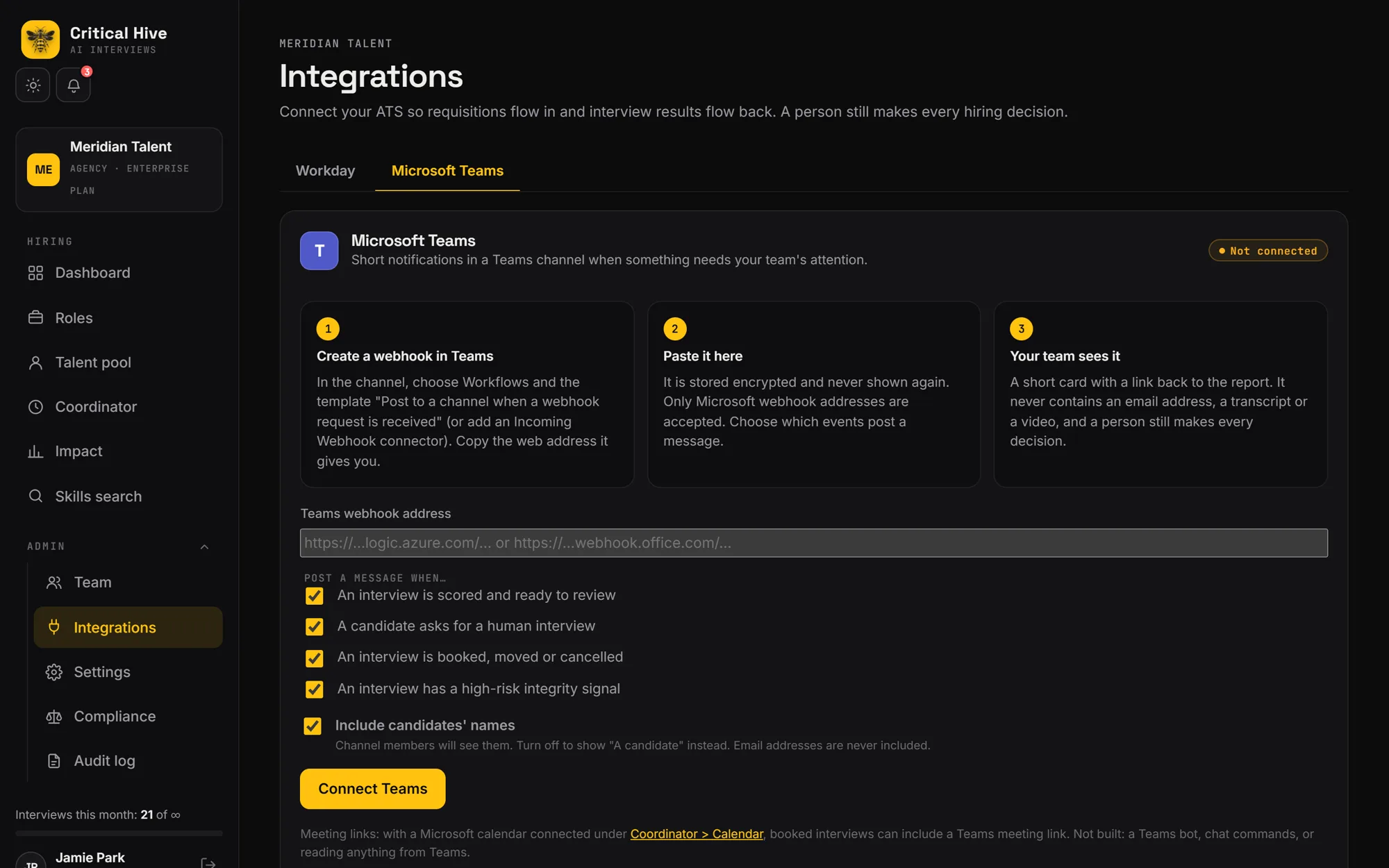The Microsoft Teams integration settings page
